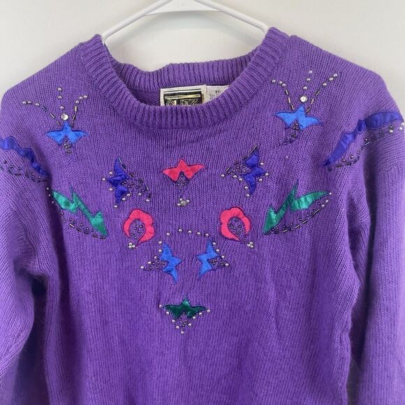 American Vintage 80's Glitz Purple Beaded Sweater Size M Silk Angora Blend - Picture 5 of 6